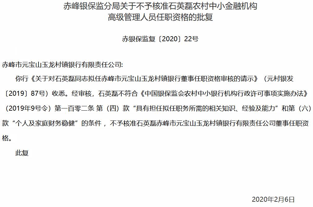 財務狀況不穩健 赤峰市元寶山玉龍村鎮銀行董事石英磊任職被否